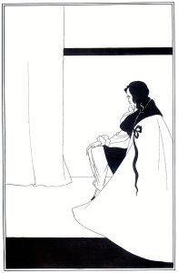 Vincent Aubrey Beardsley - Ilustración para La Caída de la Casa Usher de E. A. Poe (1895) - la imagen muestra una habitación casi vacía. En la parte derecha de la imagen un hombre sentado cubierto con una capa y cabizbajo. Al fondo, se aprecian unas cortinas. El dibujo, en blanco y negro, está formado a base de unas pocas líneas sobre el fondo blanco, destacando sobre ello la masa negra de parte del suelo (en la parte inferior), el cuello de la capa y el pelo del hombre y una fina franja sobre la pared del fondo. Pulse para ampliar.